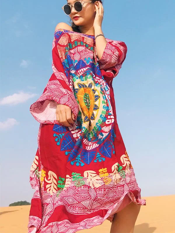 Loose 3 Colors Floral Print Batwing Sleeve Midi Dress Comfortable Adjustable Strap Midi Dress