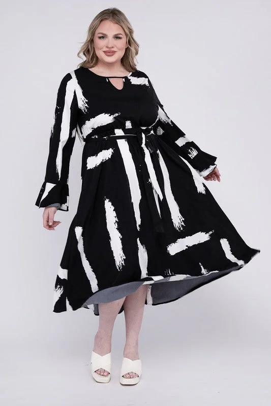 Nuvi Apparel Plus Keyhole Neck Belted Midi Dress Comfortable Fit-and-Flare Midi Dress