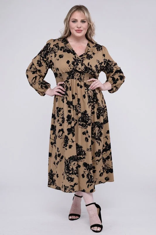 Nuvi Apparel Plus Smocked High Waist Midi Dress Trendy Midi Dress with Belt