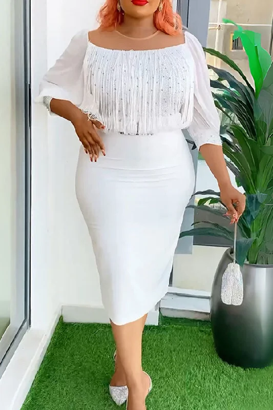 Patchwork Rhinestone & Tassel Feminine Round Neck Midi Dress Cozy Ribbed Knit Midi Dress