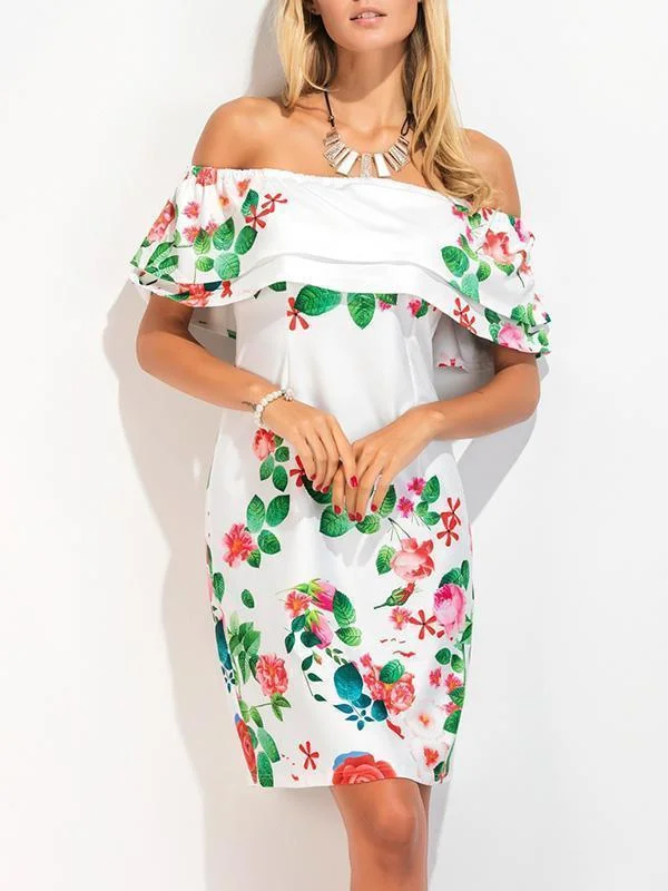 Printed Falbala Off Shoulder Midi Dress Comfortable Stretch Midi Dress