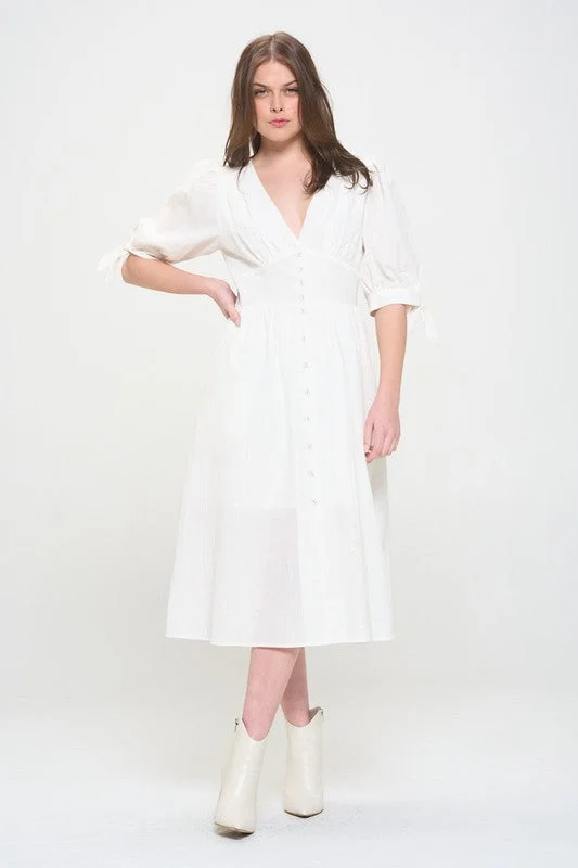 Puff Sleeve Button Down Midi Dress - Black, Off White - Plus Size Cozy Wide Strap Midi Dress