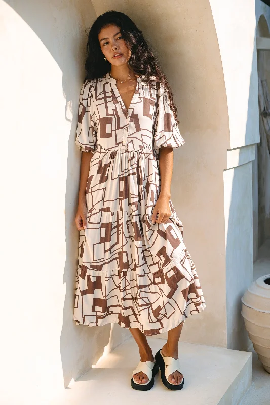 Raven Brown Geometric Button Down Midi Dress Fashionable Pencil Midi Dress