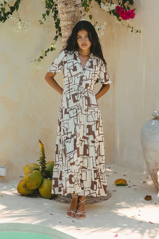 Raven Brown Geometric Button Down Tiered Midi Dress Fashionable Fitted Midi Dress