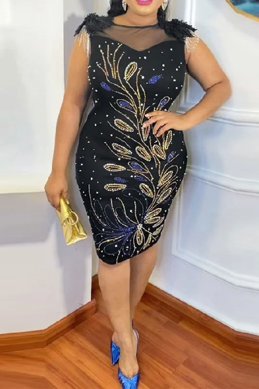 Rhinestone Elegant Tassel Decor Mesh Patchwork Midi Dress Trendy A-Line Midi Dress