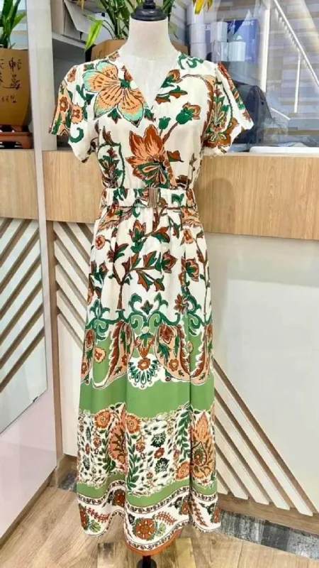 Sara - Green/Cream Floral Belted Midi Dress Fashionable Chiffon Midi Dress