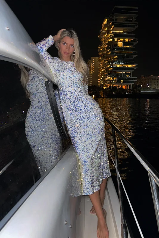 Sequin Decorated Velvet Long Sleeve Midi Dress Elegant Satin Button Midi Dress