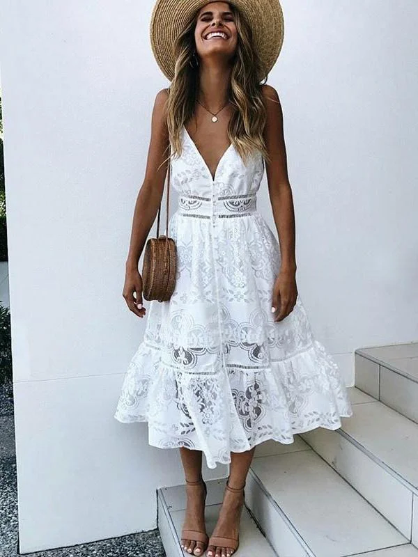 Sexy Deep V Neck Lace Summer White Midi Dress Comfortable Button Front Midi Dress