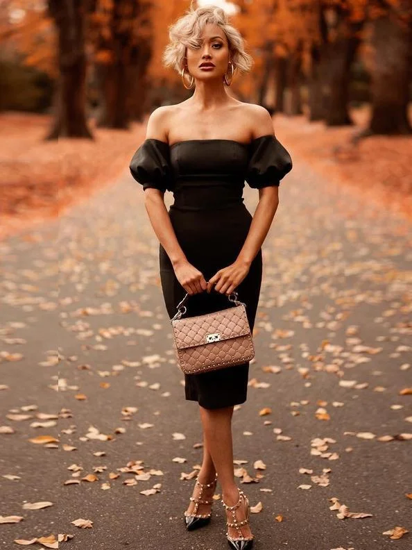 Sexy Off-Shoulder Lantern Sleeve Black Bodycon Midi Dress Elegant Pleated Detail Midi Dress
