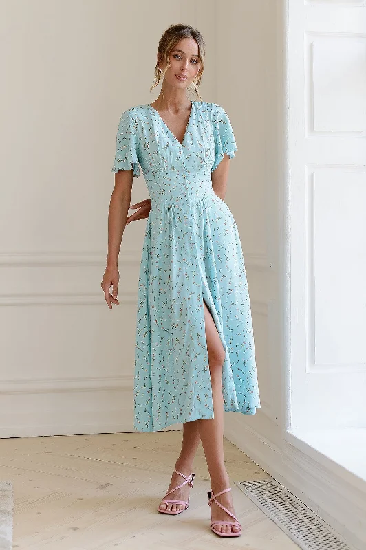 Sky-Blue Floral Print Short Sleeve Midi Dress Comfortable Stretch Midi Dress