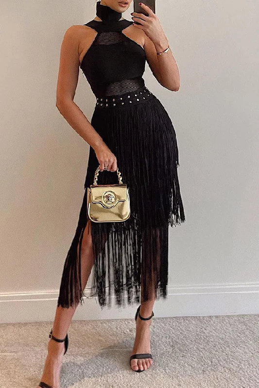 Solid Color Boho Tassel Midi Dress Trendy Square Neck Midi Dress