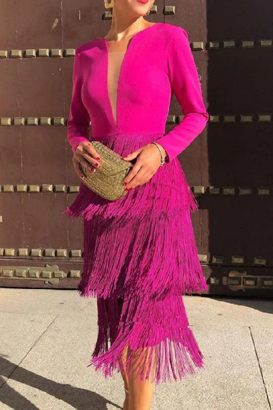 Solid Color Patchwork Whimsical Tassel Tiered Midi Dress Trendy Smocked Waist Midi Dress