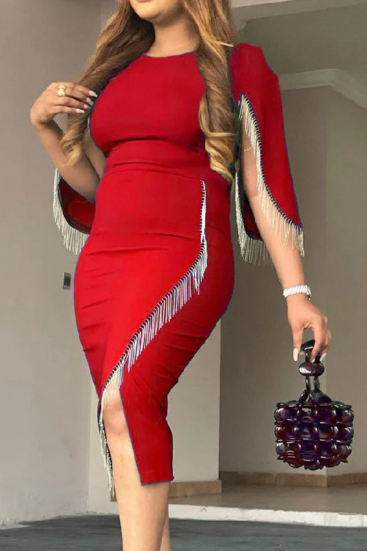 Solid Color Retro Tassel Patchwork Irregular Split Midi Dress Fashionable One-Shoulder Midi Dress