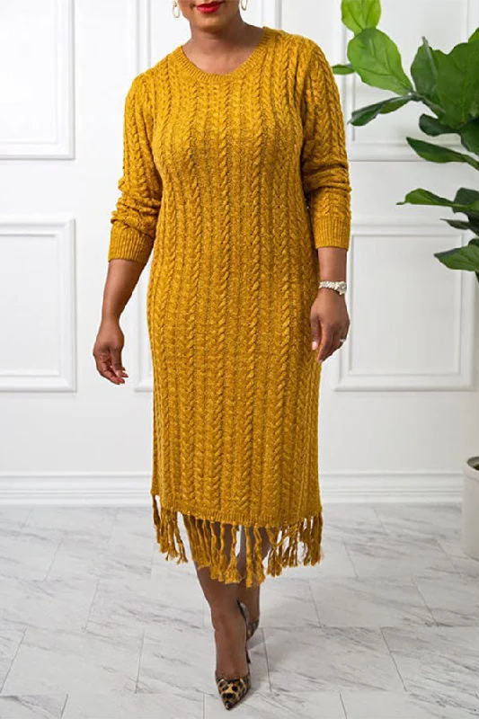 Solid Color Twist Knit Laid Back Tassel Midi Dress Trendy Smocked Detail Midi Dress
