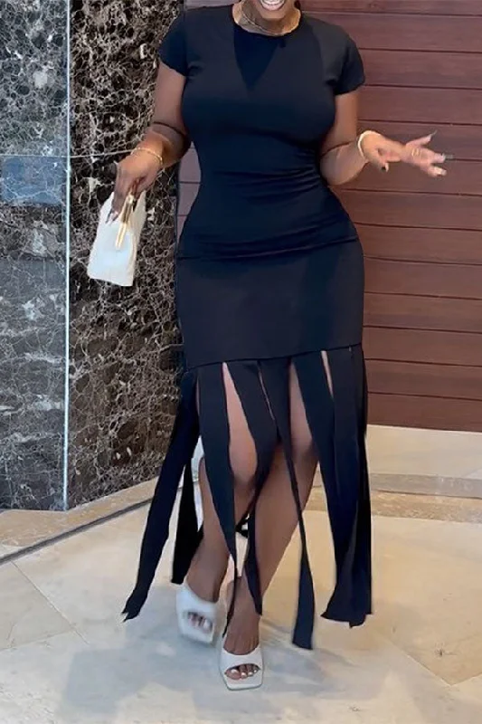 Solid Color Undeniable Tassel Midi Dress Stylish Long Sleeve Floral Midi Dress