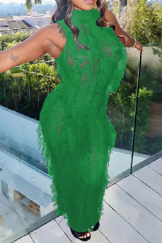 Solid Color Whimsical Tassel Knitted Midi Dress Stylish Long Sleeve Floral Midi Dress