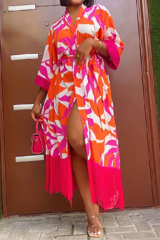 Splash Ink Print Relaxed Belted Tassel Midi Dress Cozy Knit Midi Dress