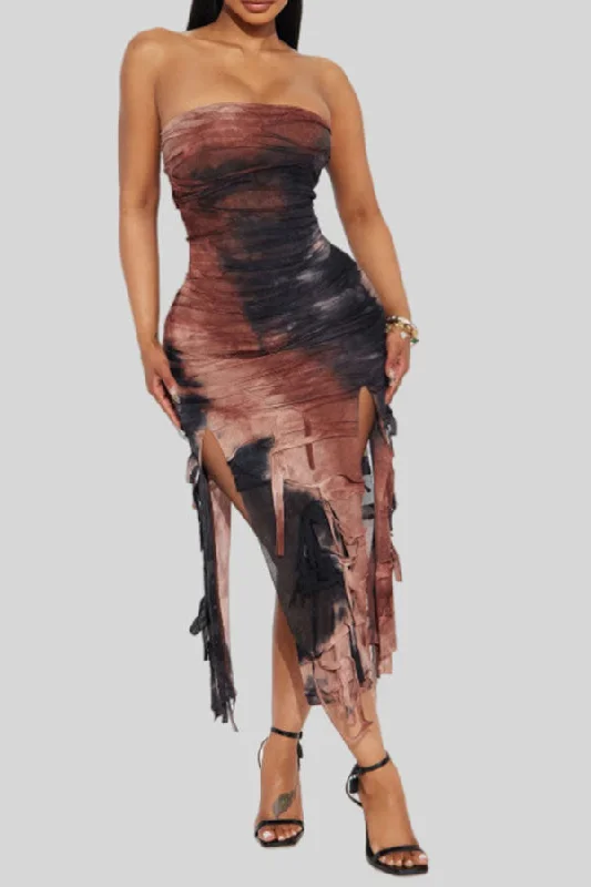 Tie Dye Strapless Flattering Tassel High Split Midi Dress Stylish Midi Dress with Cuffs