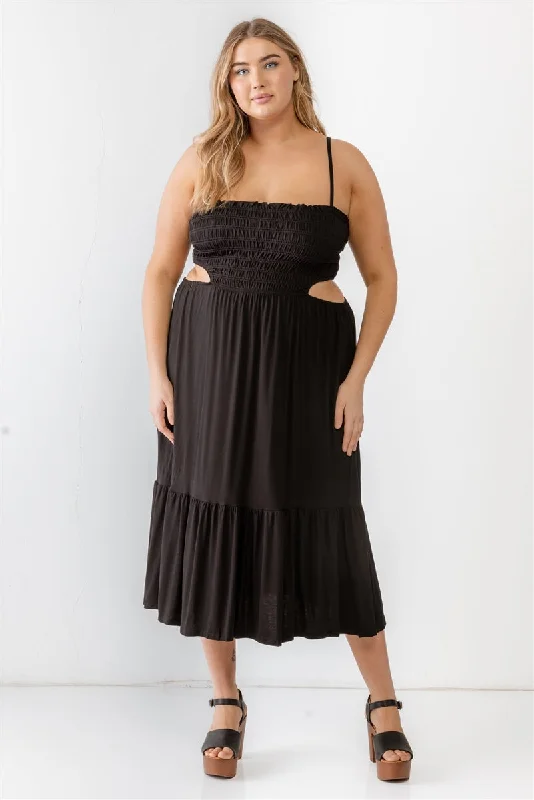 Plus Smocked Cut-out Strappy Flare Hem Midi Dress Stylish Vintage Midi Dress
