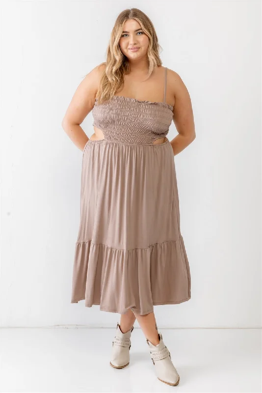 Plus Smocked Cut-out Strappy Flare Hem Midi Dress Trendy Boho Midi Dress