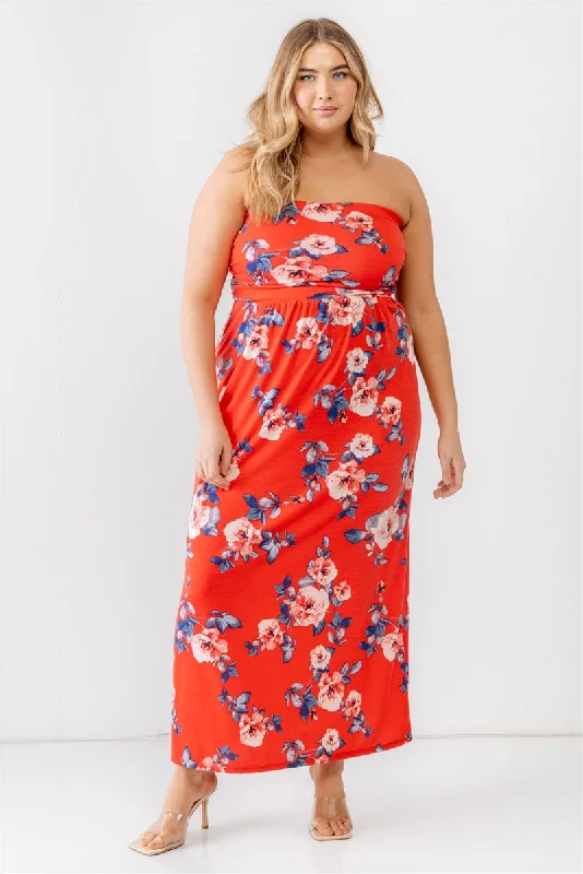 Plus Red Rose Print Ruched Strapless Midi Dress Classic Black Midi Dress