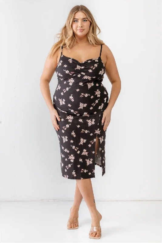 Plus Floral Ribbed Ruched Sleeveless Midi Dress Comfortable Short Sleeve Midi Dress
