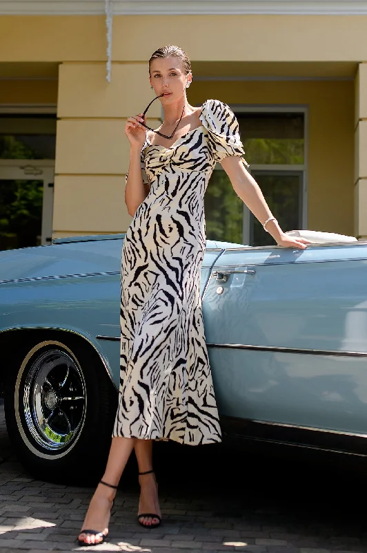 White-Black Floral-Print Puff Sleeve Midi Dress Elegant Sleeveless Midi Dress