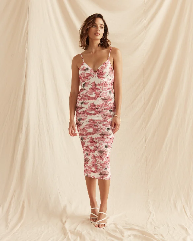 Xitlali Pink Floral Bodycon Midi Dress Cozy Ribbed Knit Midi Dress