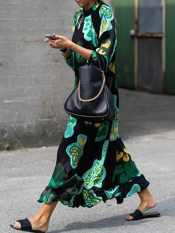 Summer Dress Women Long Maxi Dress Vintage Floral Printed Long Sleeve Loose Beach Sundress Plus Size Casual Vestidos Fashionable Off-Shoulder Maxi Dress