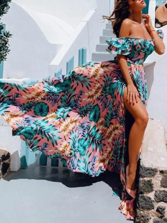 Women Summer Long Maxi Dress Boho Floral Print Dresses Off-Shoulder Beach Party Sundress Chic Summer Maxi Dress