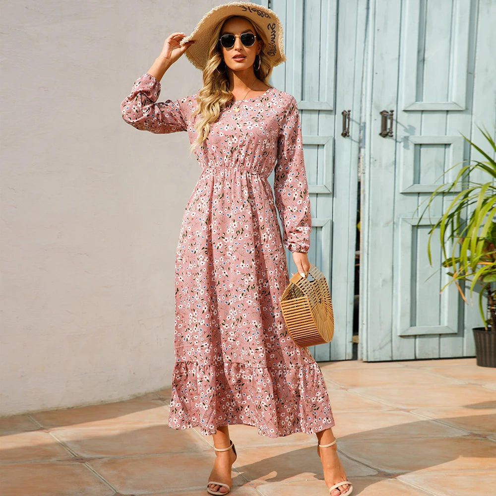 2023 Sping Summer Bohemian Women Maxi Dress Casual Long Sleeve High Waist Beach Woman Chiffon Dresses Floral Vestidoes Mujer New Fashionable Asymmetrical Maxi Dress