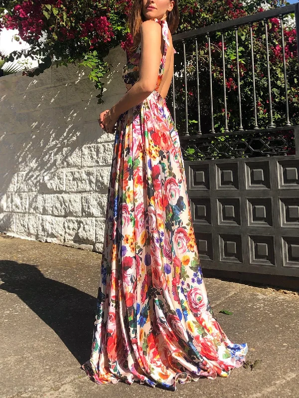 Adjustable Straps Backless Floral Deep V Neck Long Maxi Dress Comfortable Fit-and-Flare Maxi Dress