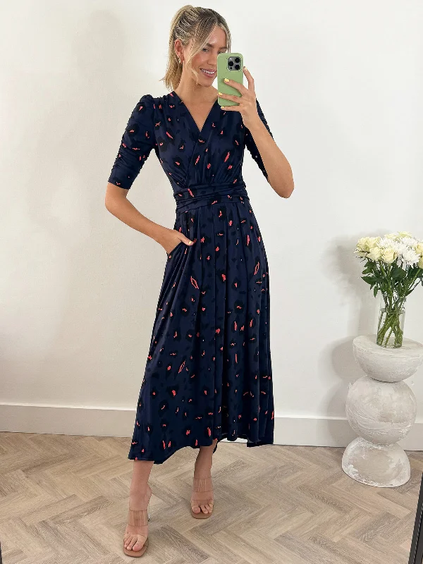 Adria Animal Print Jersey Maxi Dress, Navy Animal Trendy Maxi Dress with Belt