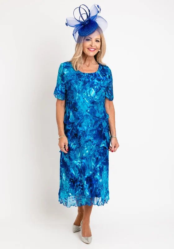 Allison Printed Silk Layered Midi Dress, Royal Blue Trendy Square Neck Midi Dress