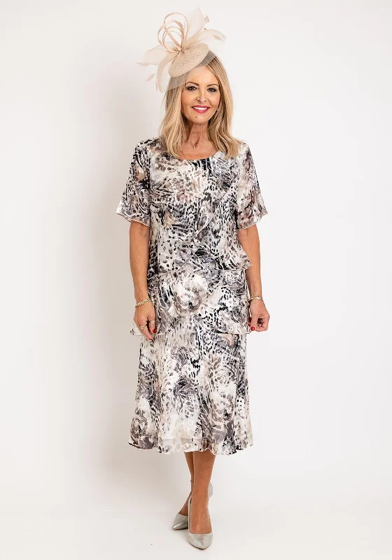 Allison Printed Silk Layered Midi Dress, Beige Comfortable Knitwear Midi Dress