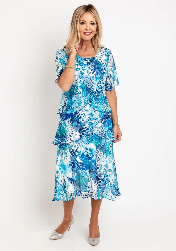 Allison Printed Silk Layered Midi Dress, Blue Comfortable Ruched Midi Dress