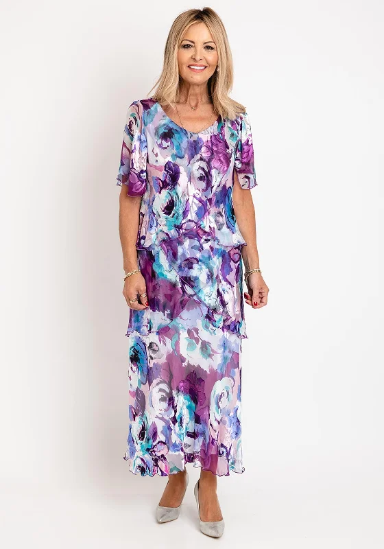 Allison Floral Silk Layered Midi Dress, Purple Elegant Pleated Sleeve Midi Dress