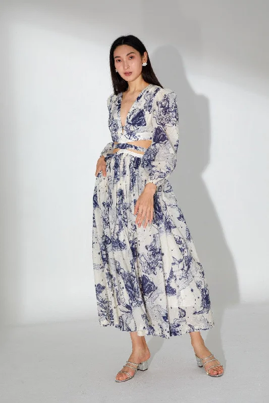 Fiora Floral Printed Maxi Dress Elegant Pleated Maxi Dress