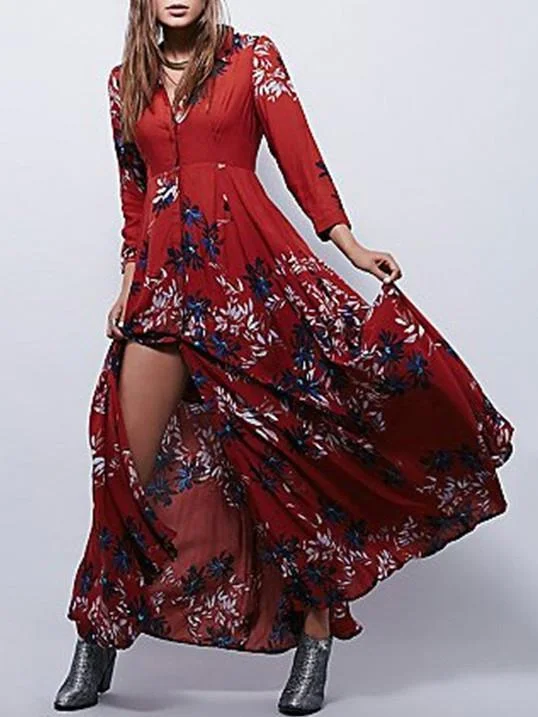 Autumn Floral 3/4 Sleeve V-neck Split-front Bohemia Maxi Dress Elegant Maxi Dress with Belt