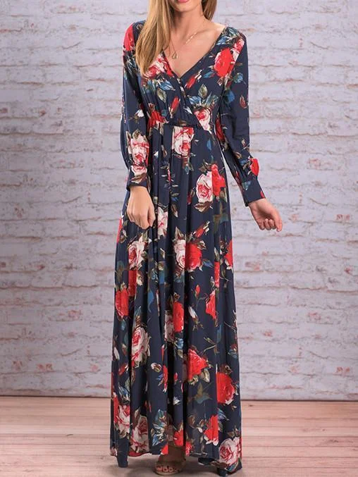 Autumn Floral V-neck Long Sleeves Bohemia Maxi Dress Comfortable Ruffle Hem Maxi Dress