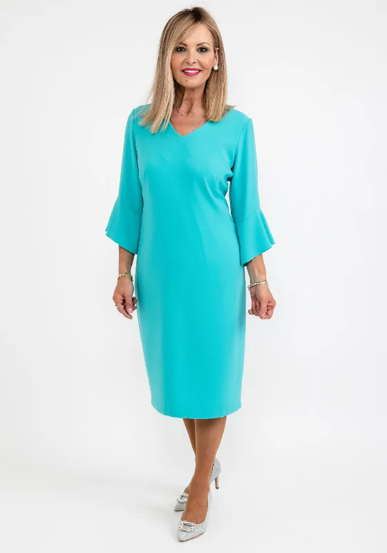 Avalon Sophie Bell Sleeve Pencil Midi Dress, Jade Elegant Satin Button Midi Dress