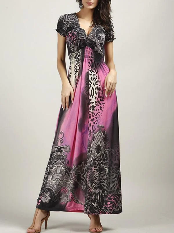 Beautiful Bohemia Floral Short Sleeve V Neck Maxi Dress Stylish Off-Shoulder Maxi Dress