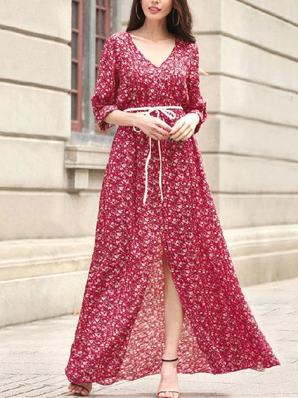 Bohemia Chiffon Floral-printed V-neck Maxi Dress Classic A-Line Maxi Dress