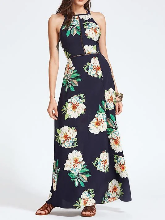 Bohemia Floral Halterneck Backless Sleeveless Maxi Dress Fashionable High-Waist Maxi Dress