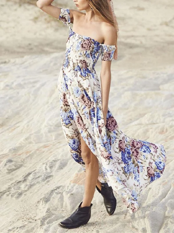 Bohemia Floral-Printed Off-the-shoulder Split-side Maxi Dress Trendy A-Line Maxi Dress