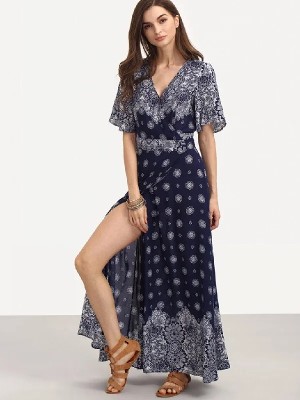 Bohemia Floral Side Split with Tie Short Sleeve Maxi Dress Chic Sleeveless Maxi Dress