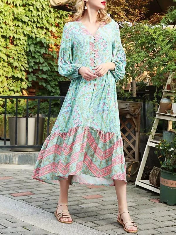 Bohemia Floral V Neck Long Sleeve Maxi Dress Comfortable Fit-and-Flare Maxi Dress