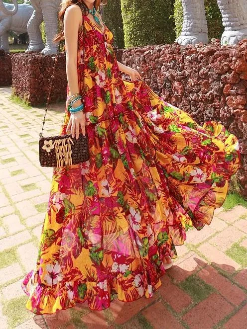 Bohemian Chiffon Dress Ladies Floral Printed Deep V-neck Sexy Spaghetti Strap Backless Summer Maxi Dress Cozy Knit Maxi Dress