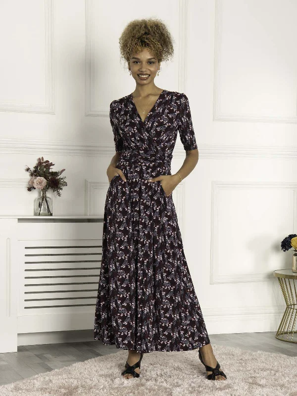 Calais Half Sleeve Maxi Dress, Navy Floral Cozy Maxi Dress with Slit