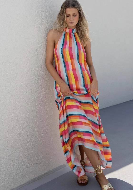 Casino Stripe Halter Maxi Dress Stylish Maxi Dress with Frills